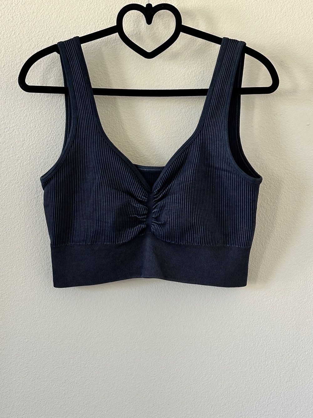 Sports Bra Black Ribbed Ruched Scoop-Neck Wide Strap Mineral Washed Size L